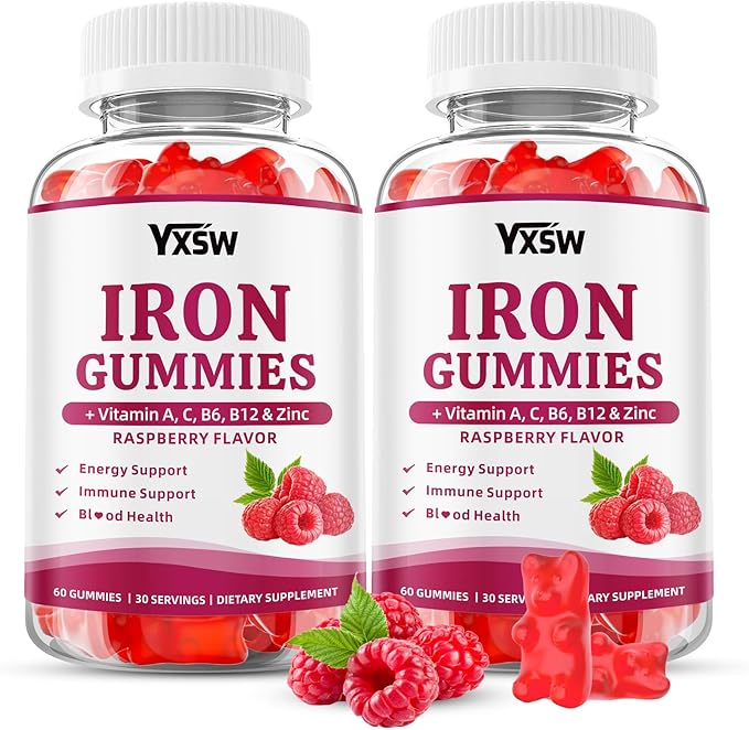 Iron Gummies for Women & Men, Vegan Iron Supplement Gummies with Vitamin C, A, B-Complex, Folate, Zinc- for Immune Health & Energy Support, Raspberry Flavor, 120 Count