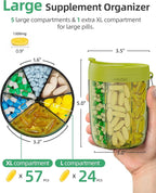 PULIV Large Pill Bottle Organizer, Supplement Organizer for Holding 6 Various Vitamins, Pill Box Case with Anti-Mixing & Wide Opening Design, Easy to Retrieve Meds and 20 Pcs Stick-on Labels, Green