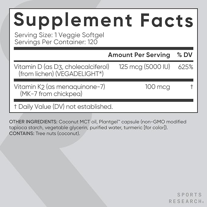 Sports Research Vitamin D3 with K2 Softgels - Plant Based K2 & Vegan D3 5000iu with Coconut MCT Oil - Vegan Certified, Soy & Gluten Free - 120 Count