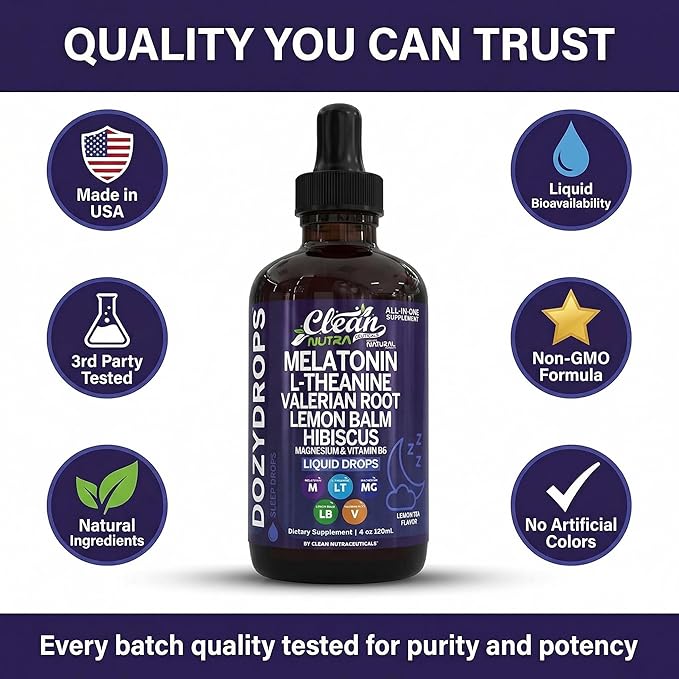 Clean Nutra Melatonin 10mg Drops Magnesium Vitamin B6 L-Theanine Valerian Hibiscus Lemon Balm Supplement Liquid Sugar-Free Vegan Non-GMO Natural Sleep Support Aid Lemon Tea Flavor 120mL Formula
