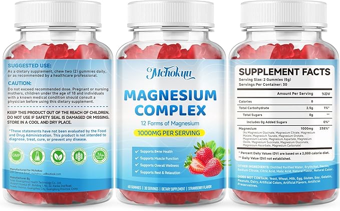 Magnesium Complex Gummies 1000mg | 12-in-1 Magnesium Complex Supplement with Glycinate, Citrate, Malate & Taurate Supports Muscle Function, Bone Health, Rest & Relaxation – Strawberry, 120 Count