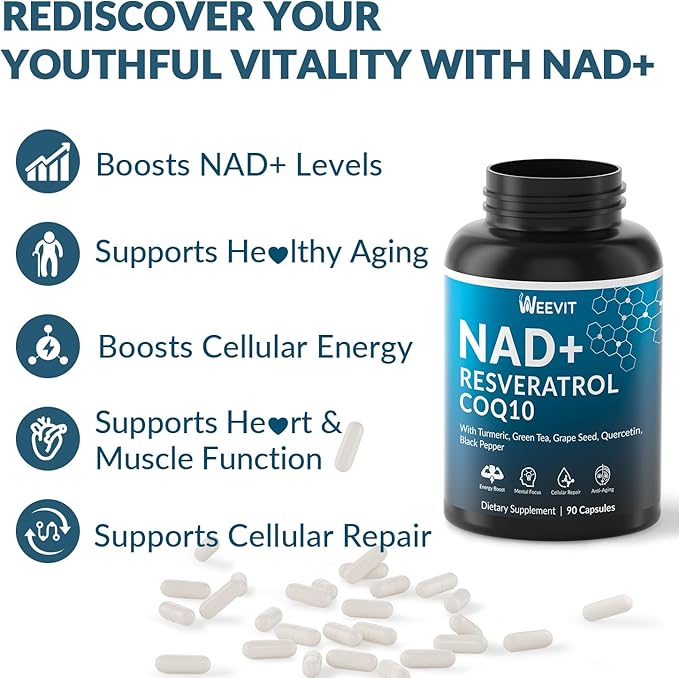 NAD+ Resveratrol Supplement with COQ10, Quercetin, Turmeric, NAD+ Supplement for Men and Women - Energy, Focus & Anti-Aging Support - Gluten Free, Non-GMO
