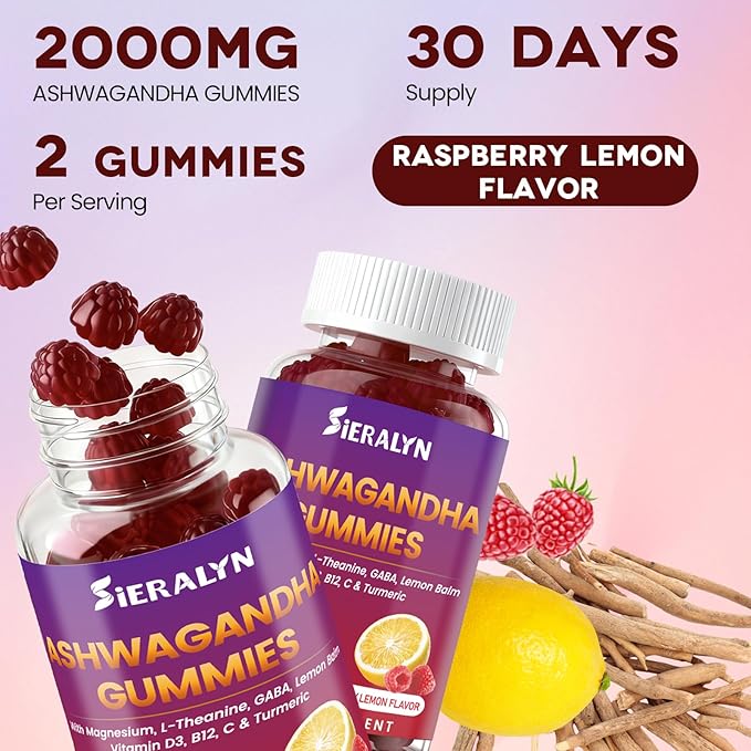 Ashwagandha Gummies 2000mg, Ashwagandha Supplements for Women Men with L-Theanine, GABA, Magnesium, Vitamins – Stress Relief, Immune & Mood Support, Sugar-Free, Vegan, Non-GMO, 60 Count