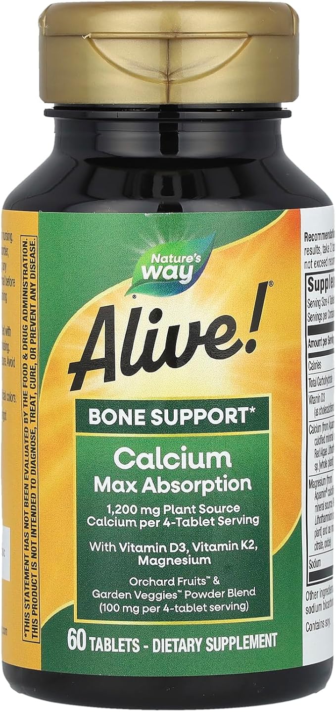 Nature’s Way Alive! Calcium Bone Support Tablets*, Max Absorption Calcium Supplement with Vitamins D3, K2, & Magnesium, Promotes Bone Health and Bone Density*, Gluten Free, 60 Tablets