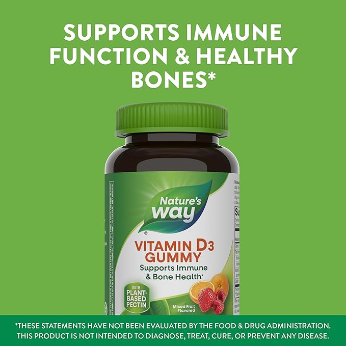 Nature's Way Vitamin D3 Gummies, Supports Immune and Bone Health*, 2000 IU (50 mcg) per 2-gummy Serving, Vitamin D3 2000IU per 2 Gummies, Mixed Fruit Flavored, 120 Count
