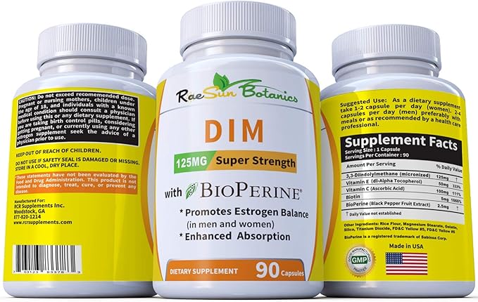 DIM Supplement 125mg - DIM Diindolylmethane Plus BioPerine 90-Day Supply of DIM for Estrogen Balance, Hormone Menopause Balance, Acne Support, Hair Skin and Nails