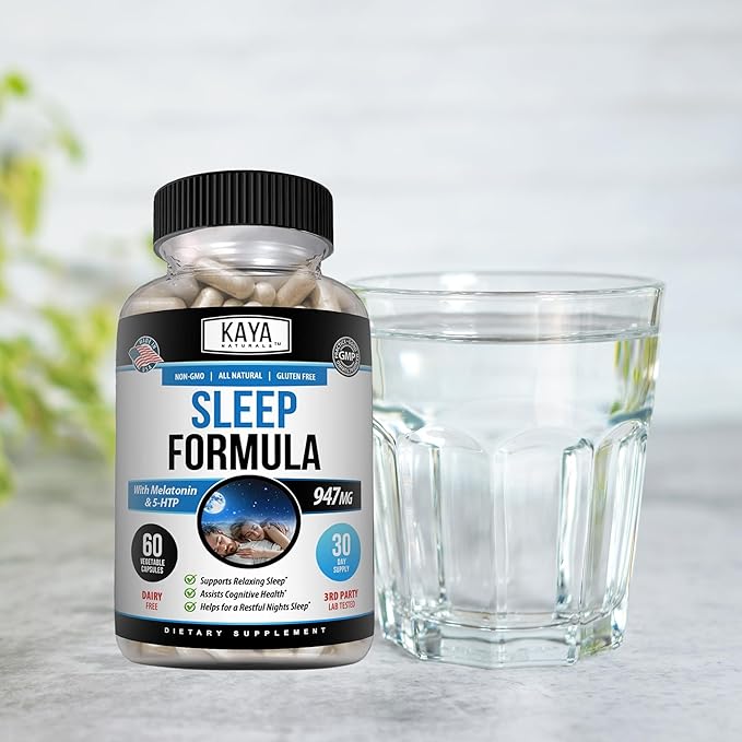 Kaya Naturals - Sleep Support Formula with Melatonin - Aid Support Vitamin Supplement - Sleep Stress and Mood Support - L-Tryptophan, Passion Flower, Ashwagandha and More - 60 Capsules (60 Count)