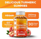 Vitamatic Turmeric Gummies with Ginger & Black Pepper Extract – 60 Vegan Gummies 95% Curcuminoids – Powerful Antioxidant & Inflammatory Support