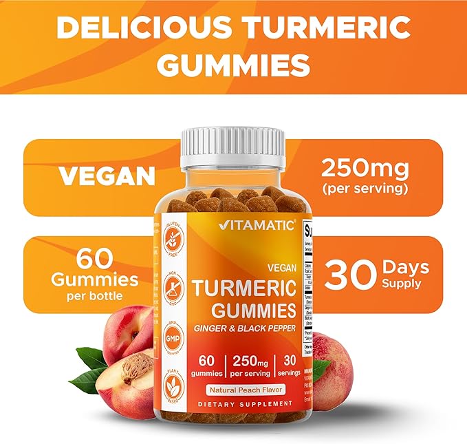 Vitamatic Turmeric Gummies with Ginger & Black Pepper Extract – 60 Vegan Gummies 95% Curcuminoids – Powerful Antioxidant & Inflammatory Support