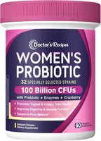 Doctor's Recipes Probiotics for Women, 100 Billion CFU 32 Strains, with Prebiotic, Enzymes & Cranberry, Shelf Stable, Delayed Release, 60 Caps