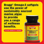 Bragg Omega-3 Supplement Capsules with DHA and EPA - 60 Vegan Softgels - Sustainably-Sourced Marine Algae - Supports Eye and Brain Health