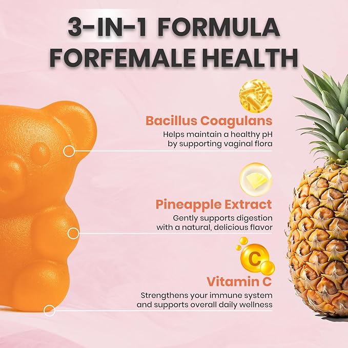 Premium Feminine Balance Gummies, for Women's Ph Health, Vaginal Wellness Support, Immune Support, Energy Support, Hawaiian Pineapple, Vegan Gluten-Free, 60 Gummies