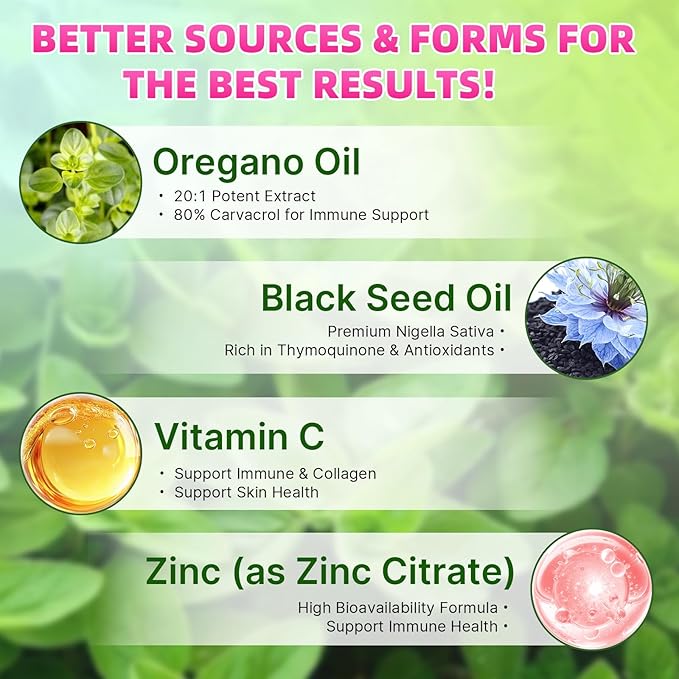 Oil of Oregano with Black Seed Oil, 2-in-1 Black Seed Oil Supplement for Women & Men Support Antioxidant Health, Sugar Free & Vegan Raspberry Herbal Gummies, 60 Count