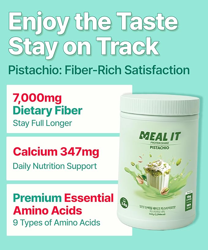 Pistachio Protein Shake - 15g Protein & 7g High Fiber, Low Sugar, Keto-Friendly Meal Replacement Powder with Roasted Pistachio Pieces & Chocolate Cookie Crunch 19.8 oz 14 Servings