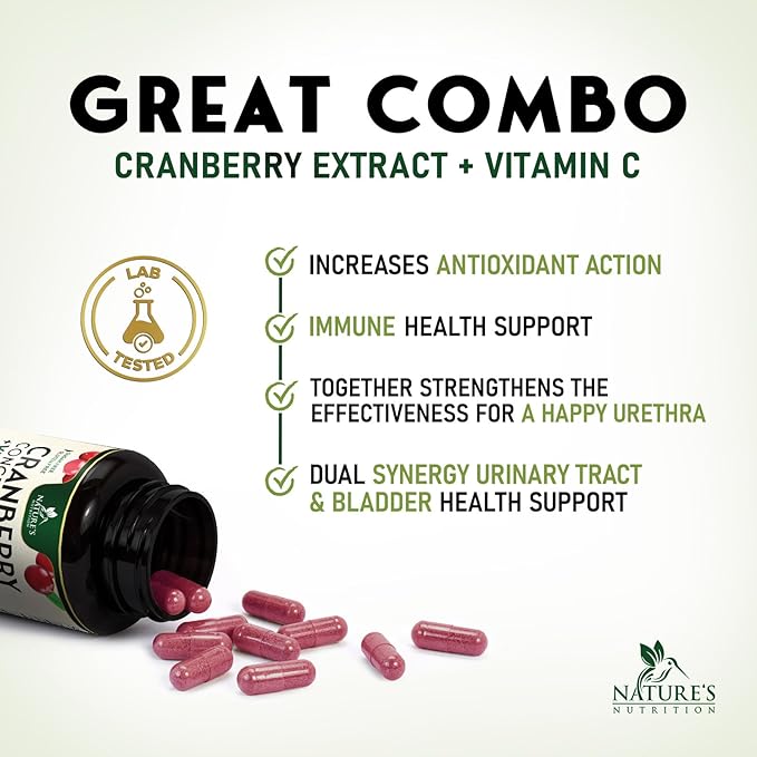Cranberry Supplement Pills - 500mg Cranberry Extract & High Potency Vitamin C Per Serving - Urinary Tract Health Support for Women & Men - Vegan, Gluten Free, Non-GMO, Made in USA - 60 Capsules