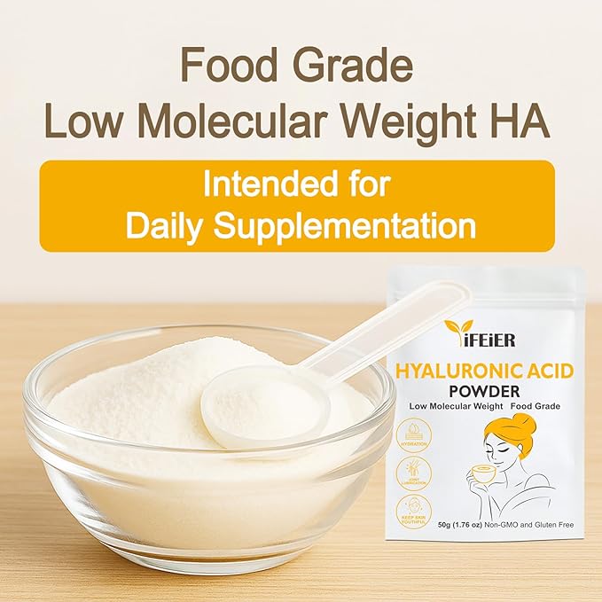 iFEiER Hyaluronic Acid Powder | Low Molecular Weight Food Grade Hyaluronic Acid | 50g(1.76oz) Sodium Hyaluronate Powder | HMW LMW HA | Skin Hydration and Joint Lubrication Supplements