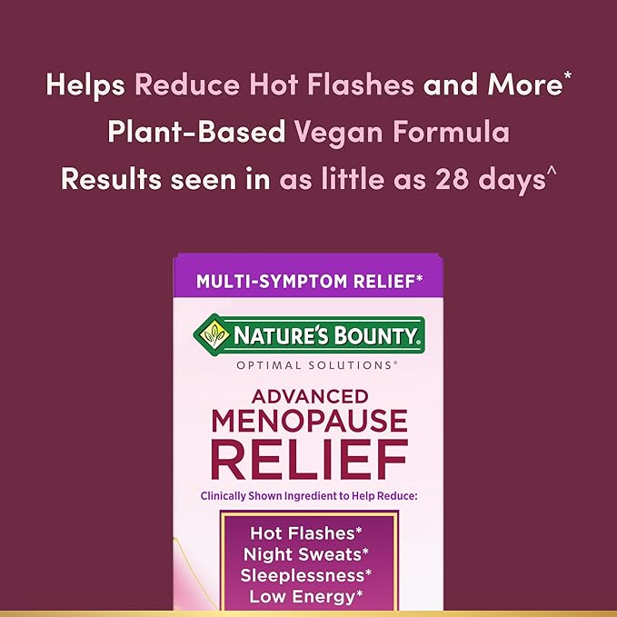 Nature's Bounty Optimal Solutions Advanced Menopause Relief, Menopause Supplement for Women Featuring Siberian Rhubarb, Hotflash Relief, No Added Hormones, Drug-Free, 30 Tablets, 30 Total Servings