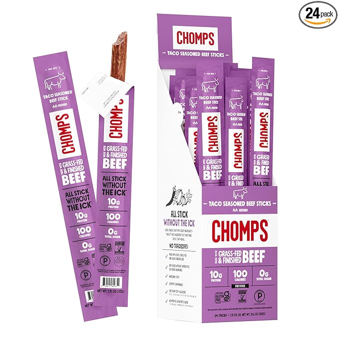 Chomps Grass-Fed Taco Beef Jerky Snack Sticks 24-Pack - Keto, Paleo, Whole30, 10g Lean Meat Protein, Gluten-Free, Zero Sugar Food, Non-GMO