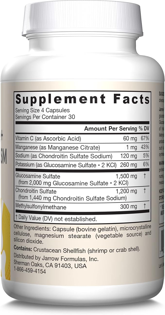 Jarrow Formulas Glucosamine, Chondroitin, and MSM Capsules; Joint Support Supplement with Vitamin C and Manganese, Bone & Joint Health, 120 Capsules, 30 Day Supply