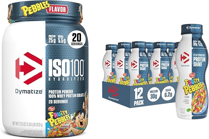 Bundle of Dymatize Performance Protein Shake, Fruity Pebbles (12 pack) + ISO100 Whey Protein Powder Isolate, Fruity Pebbles (20 Servings)