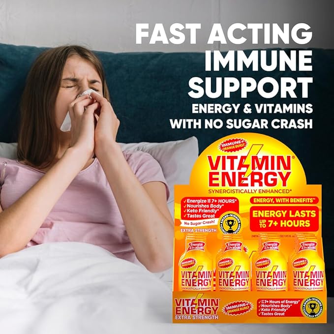 Vitamin Energy Immune+ Extra Strength Energy Shot Orange Burst 24 Pack, 260mg Natural Caffeine, B-Vitamins, Citicoline, Green Tea, Immunity & Focus Support, Zero Sugar, Gluten-Free 1.93 fl oz