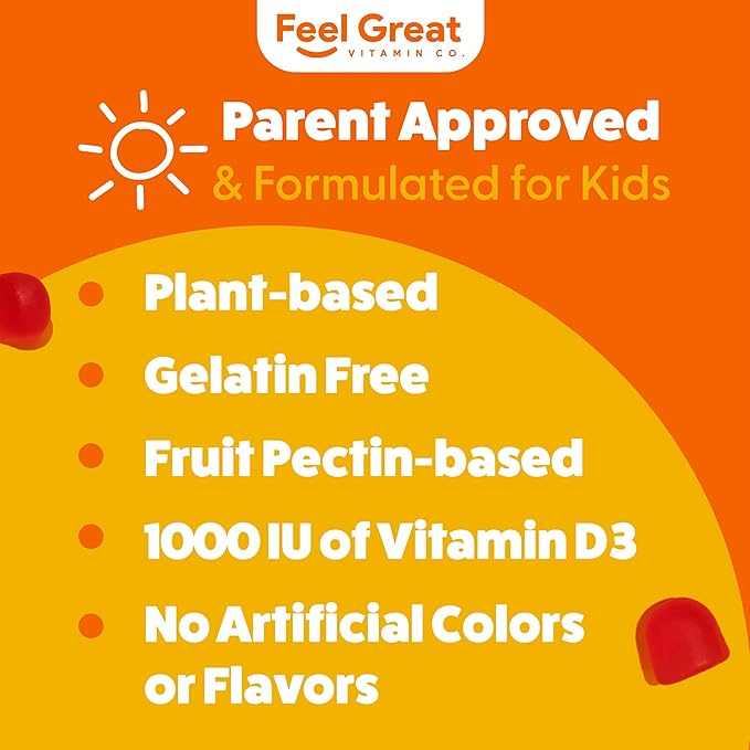 Feel Great Kids Vitamin D3 1000 IU | Kids Vitamin D Gummies for Healthy Bones, Mood, & Immune Support | Citrus Flavored Vegetarian D3 Gummies | 90 Day Supply