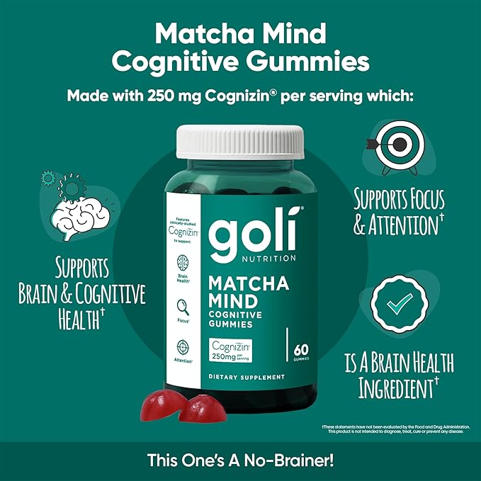 Goli Matcha Mind Gummies - 60 Count - Green Tea Leaves Powder with Cognizin for Focus, Attention and Brain Health, Vegan, Non-GMO, Gluten-Free & Gelatin Free.