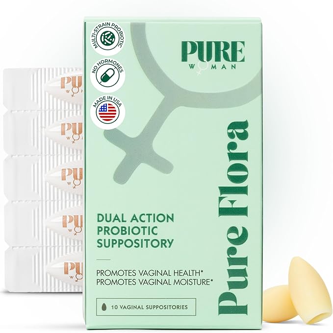 Pure Flora Vaginal Probiotic Suppository - 4 Strain Lactobacillus + Lactoferrin + USP Hyaluronic Acid - Promotes Healthy Vaginal Microbiome, Odor, BV, pH Balance, & Dryness Relief - Natural - 10 Count
