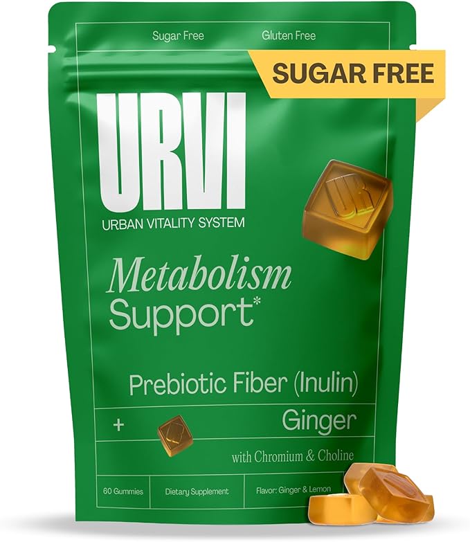 URVI® Metabolism Support Gummies 4-in-1 – Chromium Picolinate, Choline, Inulin & Ginger Extract - Prebiotic Fiber & Minerals – Gut Health & Digestive Support – Sugar-Free – Ginger-Lemon Flavor, 60pcs