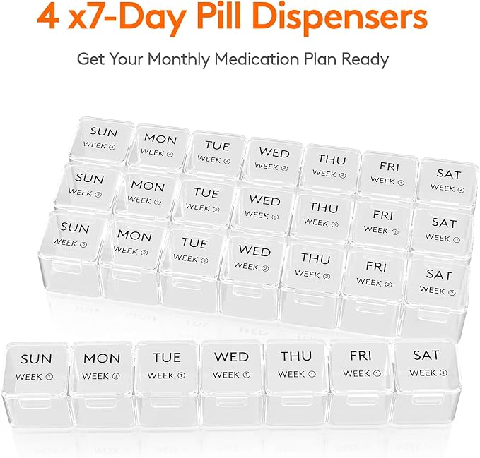Lifewit Monthly Pill Organizer, 28 Day Pill Box, 4 Weeks One Month Vitamin Cases, Large Compartments Medicine Organizer for Fish Oils, Supplements, 28 Grids, Clear