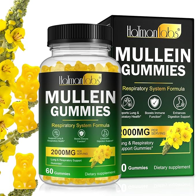 Mullein Gummies for Lungs, 2000mg Mullein Leaf Extract for Lung Cleanse and Respiratory Support, Natural Mullein Herbal Supplement, Pear Flavor Gummies 60 Count