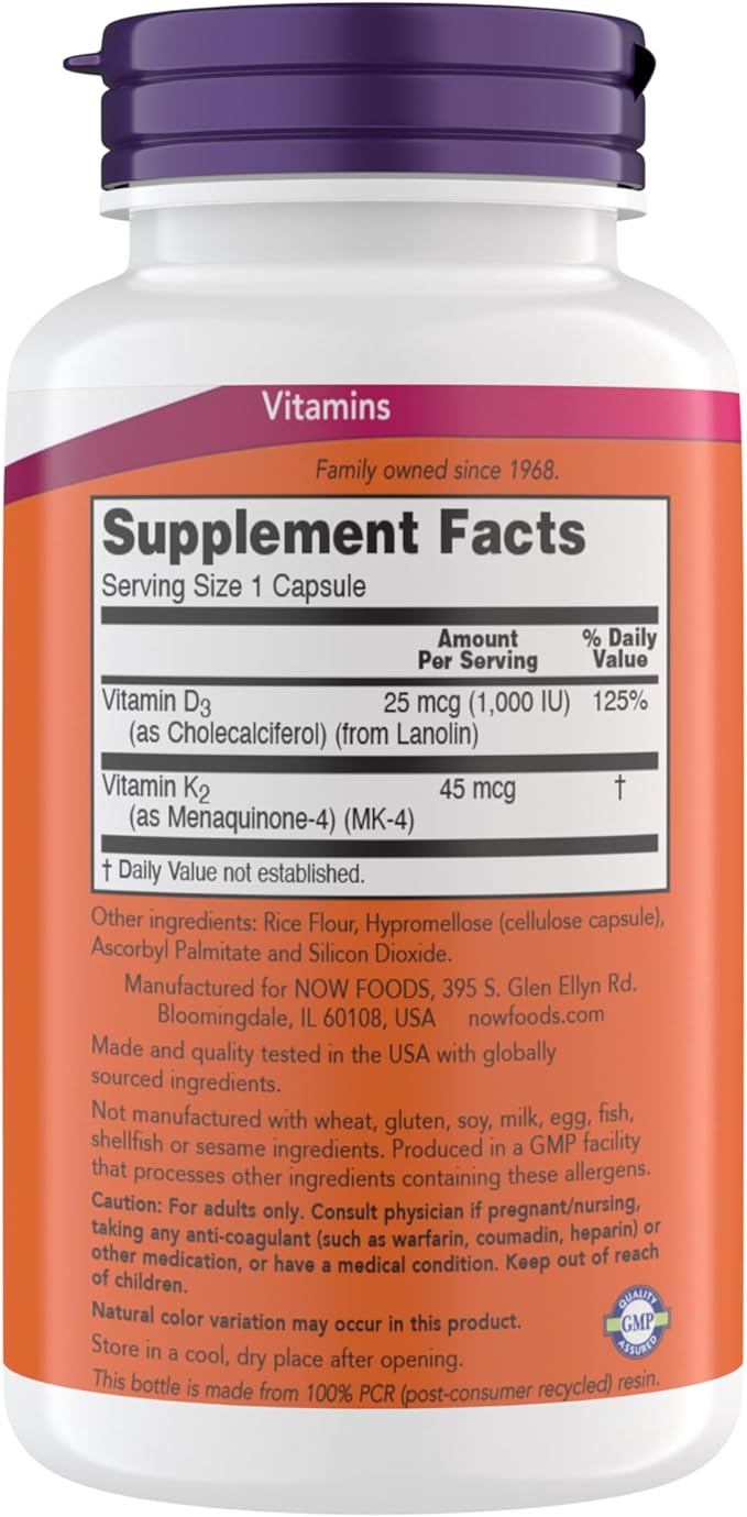 Now Supplements Vitamin D3 K2, 1,000 IU/45 mcg, Cardiovascular Support, Supports Bone Health, 180 Vegetarian Capsules - Vegan, Gluten Free, Kosher