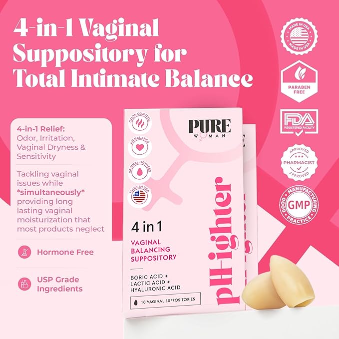 PURE WOMAN - pH-ighter Vaginal Boric Acid Suppositories for Women - Hyaluronic Acid - 4 in 1 Vaginal Suppositories for Discomfort, Dryness, Odor & pH Balance- Full Vaginal Health Care - 20ct