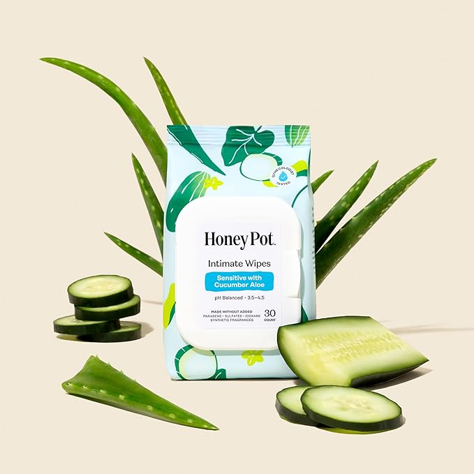 The Honey Pot Company - Feminine Wipes - Daily PH Balancing, Fragrance & Sulfate Free Wipes for Intimate Parts, Body, or Face - Hygiene Products - Sensitive w/Cucumber Aloe 30 ct.