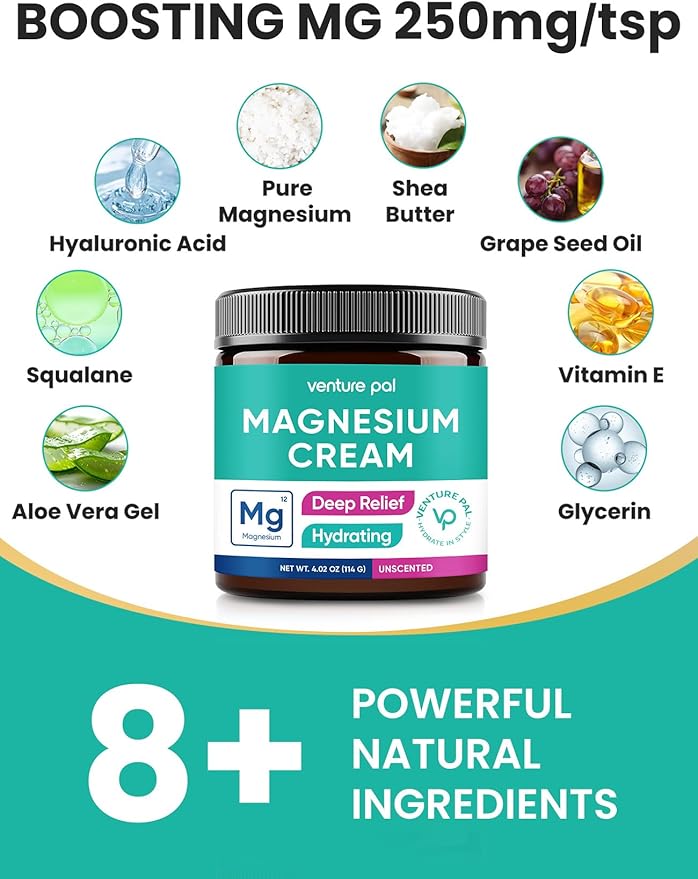 Venture Pal Topical Magnesium Cream, Fast-Absorbing Magnesium Moisturizing Lotion with Coconut Oil, Shea Butter & Hyaluronic Acid, Suitable for Kids
