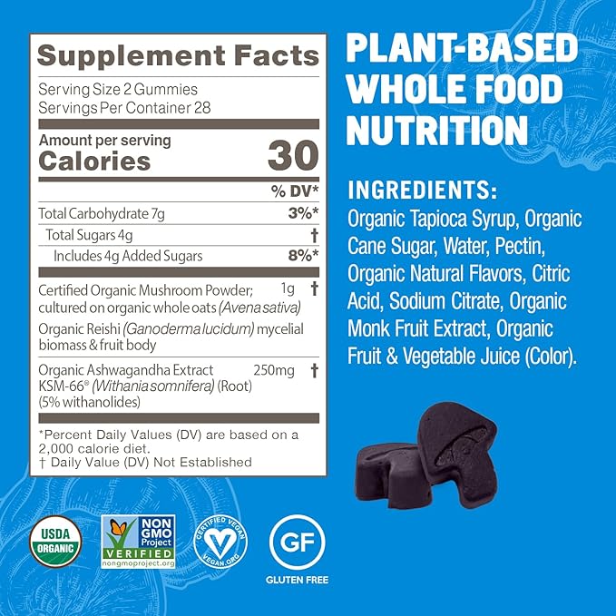 OM MUSHROOM SUPERFOOD Relax Gummies – USA Grown Organic Reishi & Ashwagandha – Supports Stress Relief, Relaxation & Mood Support – Blueberry Flavor – 28 Servings, 56 Count.