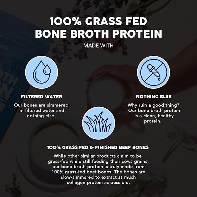 Paleovalley 100% Grass Fed Beef Bone Broth Protein Powder - Rich in Collagen Peptides for Hair, Skin, Gut Health, Bone and Joint Support - 15g Protein Per Serving - No Gluten or GMOs