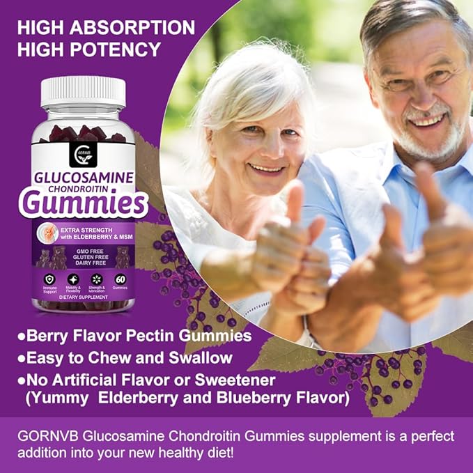 GORNVB Glucosamine Chondroitin Gummies with MSM & Elderberry – Extra Strength Mobility & Flexibility Support, Antioxidant Immune Supplement for Women & Men