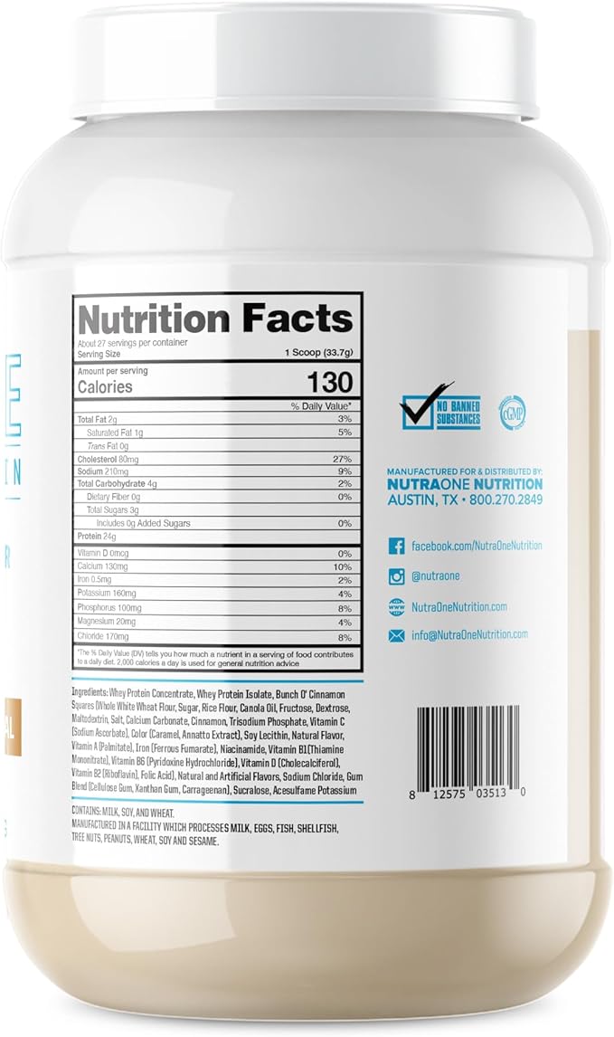 NutraOne ProteinOne Whey Protein Promote Recovery and Build Muscle with a Protein Shake Powder for Men & Women (Cinnamon Square Cereal- 2 lbs.)