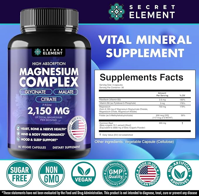 Magnesium Complex 2,150MG, High Absorption Capsules with Magnesium Glycinate, Citrate & Malate, Plus Vitamin B6, B2, Folate & Beet Root, Vegan, Non-GMO, No Artificial Additives, 90 Capsules, Pack of 2