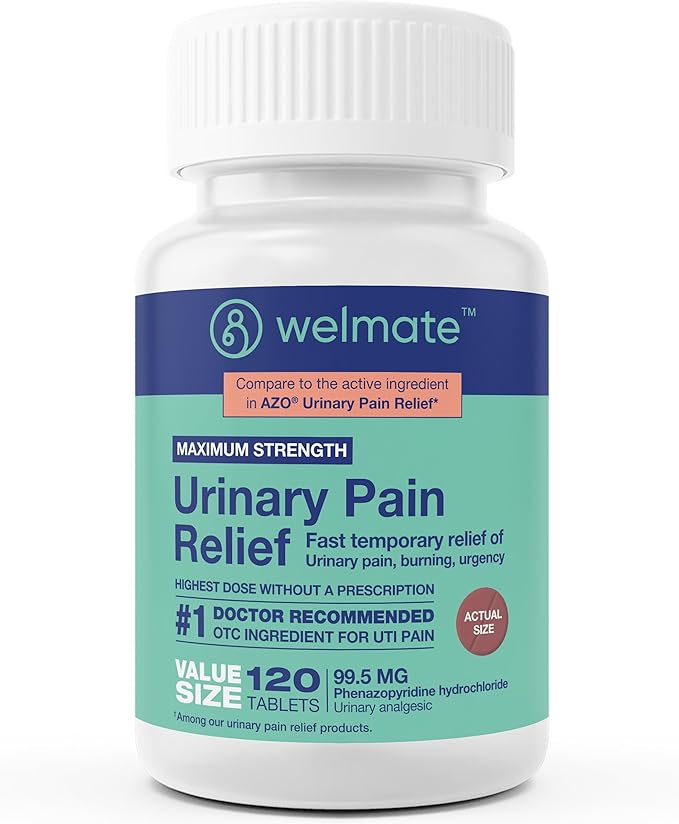 WELMATE Urinary Pain UTI Relief Maximum Strength (Phenazopyridine HCL) - Improve Urinary Tract Health & Bladder Control, Urgency, & Discomfort | Over-The-Counter Medication for Men & Women (120 Pills)