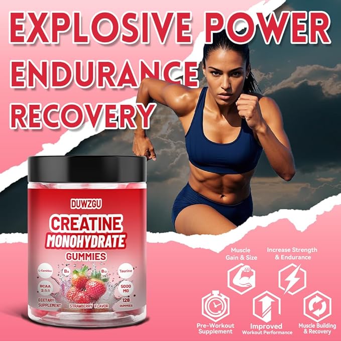 Creatine Monohydrate Gummies for Men & Women 5000mg Muscle Strength & Recovery Added Electrolytes – 128 Vegan Gummies Strawberry Flavor,The Optimal Choice for Fitness, Sports, Physical Training