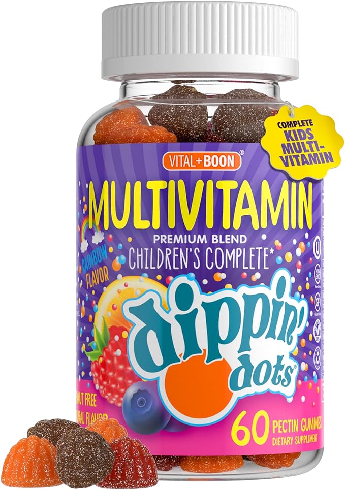 Dippin' Dots - Multivitamin Gummies for Kids Rainbow Fruit Flavor Complete Multivitamin Chewy Gummies Vitamin A, B, C, D3, E, B6, Zinc - 60 Count