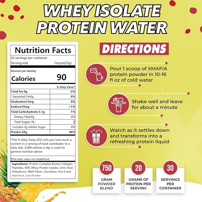 XMafia - Clear Whey Protein Isolate Powder – 20g Protein + Collagen Peptides, 30 Servings, Zero Sugar, Refreshing Light Protein Drink Water, Whey Powder Protein Shake, Lactose Free – Tropical