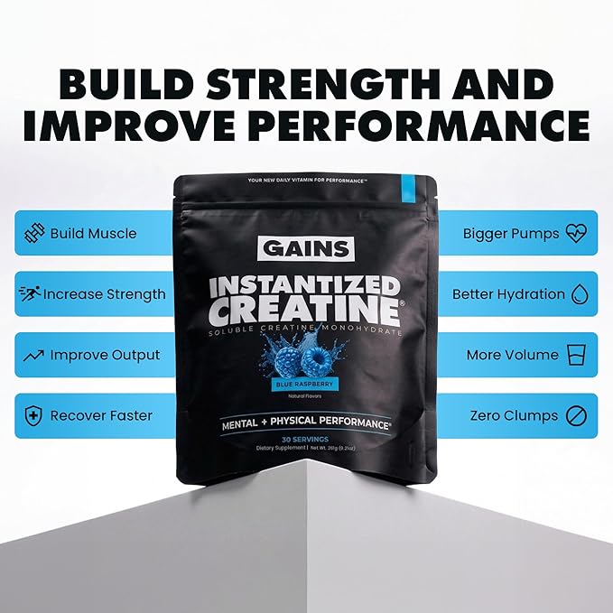 Gains in Bulk Instantized Creatine Monohydrate for Men & Women, Soluble Pre Workout Powder, Supports Muscle Building, Strength and Performance, Bodybuilding Supplements, Blue Raspberry, 30 Servings