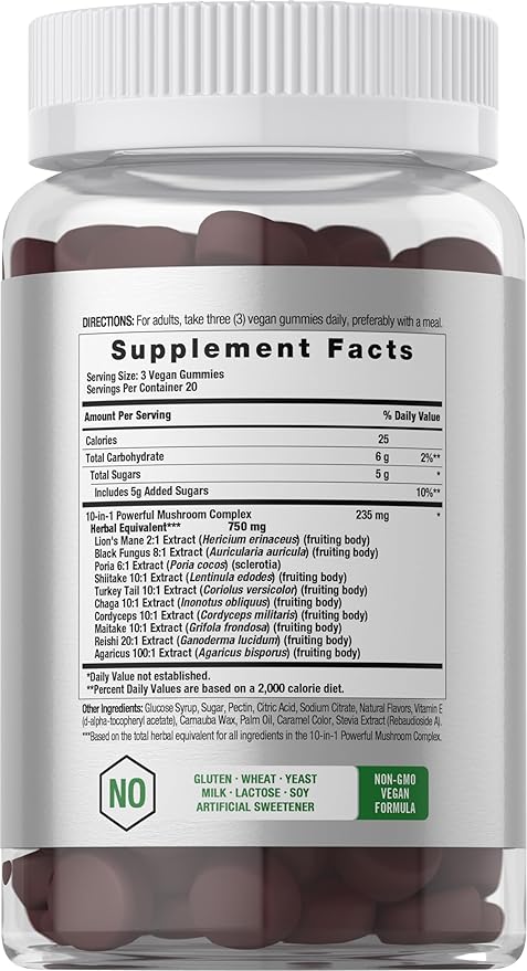 Horbaach Lions Mane Supplement | 60 Gummies | 10-in-1 Mushroom Complex | with Turkey Tail, Reishi, Cordyceps, Chaga, Maitake, and Shiitake | Blueberry Flavor | Non-GMO & Gluten Free