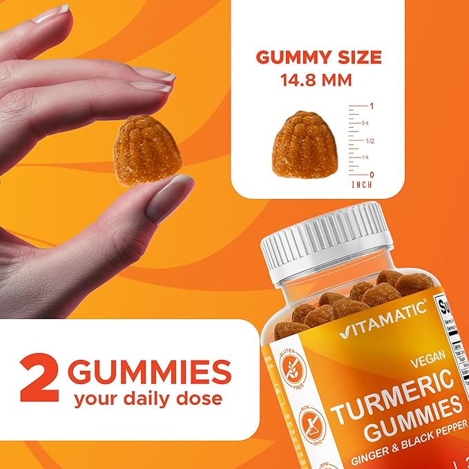 Vitamatic Turmeric Gummies with Ginger & Black Pepper Extract – 60 Vegan Gummies 95% Curcuminoids – Powerful Antioxidant & Inflammatory Support
