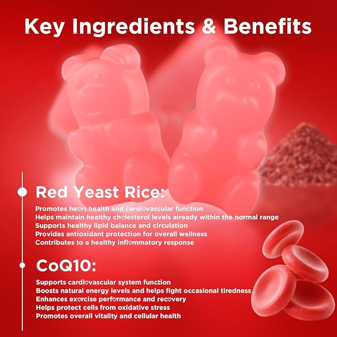 MEENCCD Red Yeast Rice with CoQ10 Gummies, Red Yeast Rice Supplement with Coenzyme Q10 for Overall Well-Being, Sugar Free, Vegan, Raspberry Flavor, 60 Count