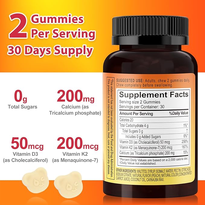 Vitamin D3 K2 Gummies with Calcium, 2000 IU D3 & 200 mcg K2 & 200 mg Calcium, Sugar Free Vitamins Supplement Supports Healthy Bone, 120 Count