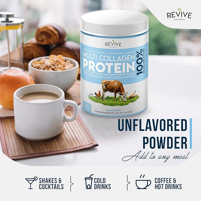 Revive Naturals Multi Collagen Hydrolyzed Protein Powder (16oz) - Types I, II, III, V & X - Grass Fed Bovine, Wild Caught Marine, Free Roaming Chicken & Eggshell Collagen Peptides,